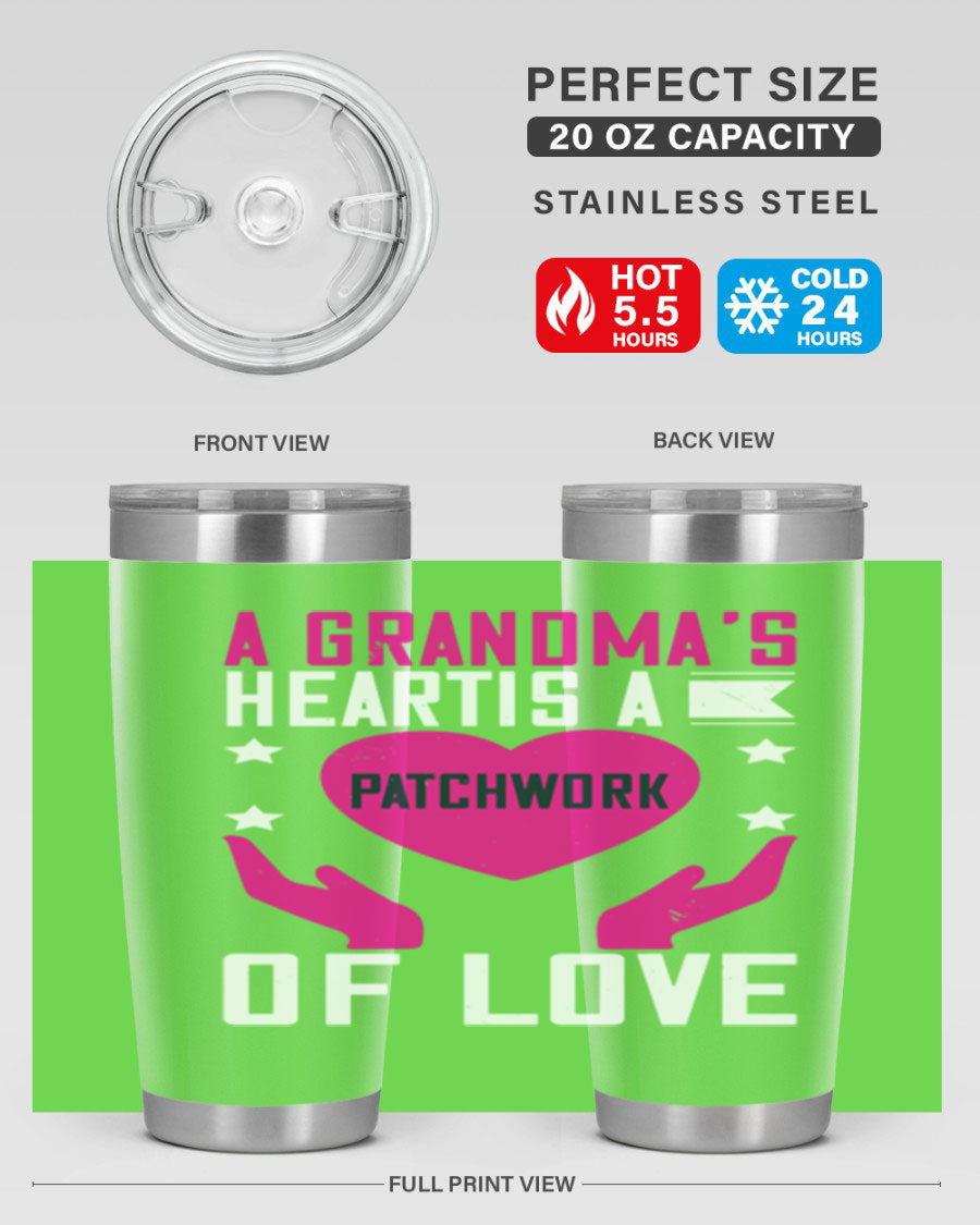 A stainless steel tumbler featuring the phrase 'A Grandma’s Heart is a Patchwork of Love', available in 20oz and 30oz sizes.