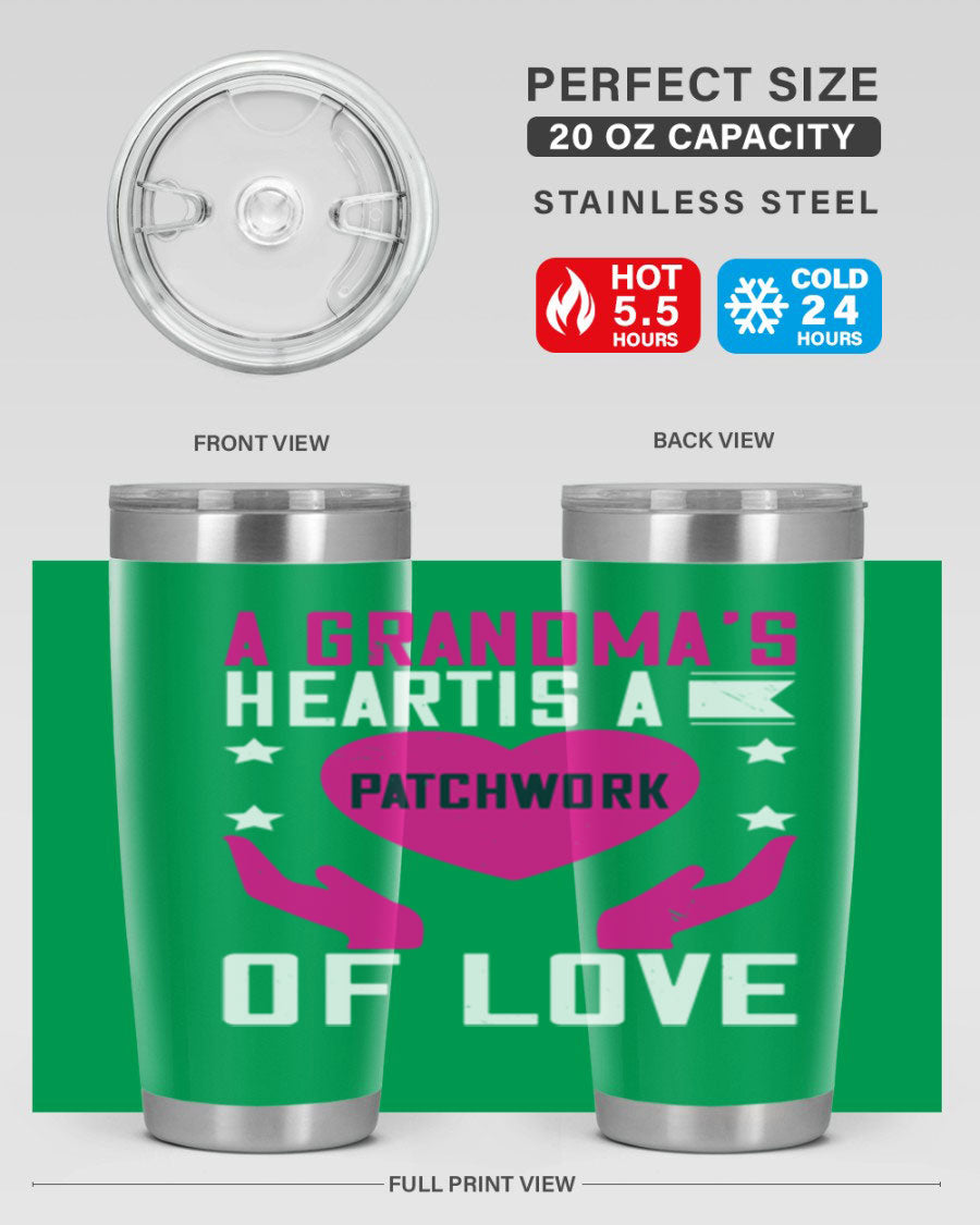 A stainless steel tumbler featuring the phrase 'A Grandma’s Heart is a Patchwork of Love', available in 20oz and 30oz sizes.