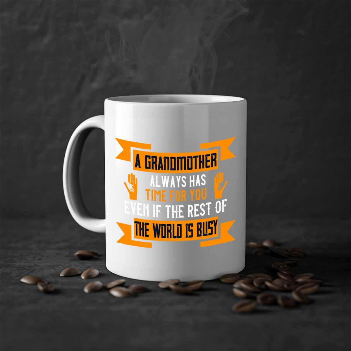 Ceramic mug with a two-tone design featuring the phrase 'A grandmother always has time for you' in a glossy finish, available in multiple colors.