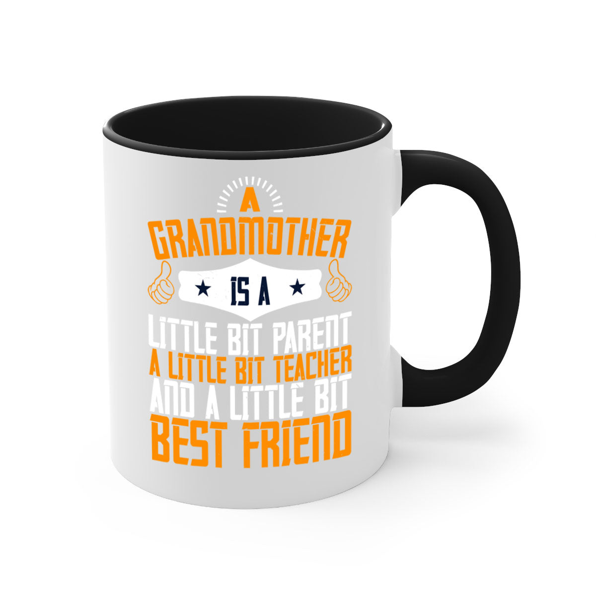 A two-tone ceramic mug with a glossy finish, featuring a colored handle and interior, showcasing the phrase about grandmothers.