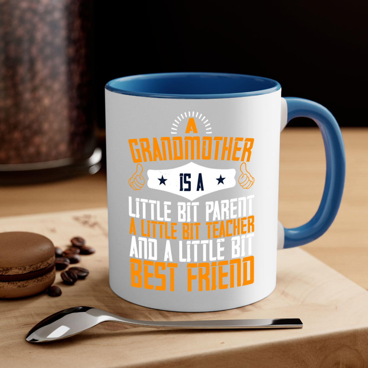 A two-tone ceramic mug with a glossy finish, featuring a colored handle and interior, showcasing the phrase about grandmothers.