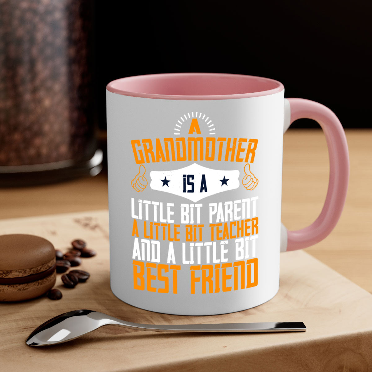 A two-tone ceramic mug with a glossy finish, featuring a colored handle and interior, showcasing the phrase about grandmothers.