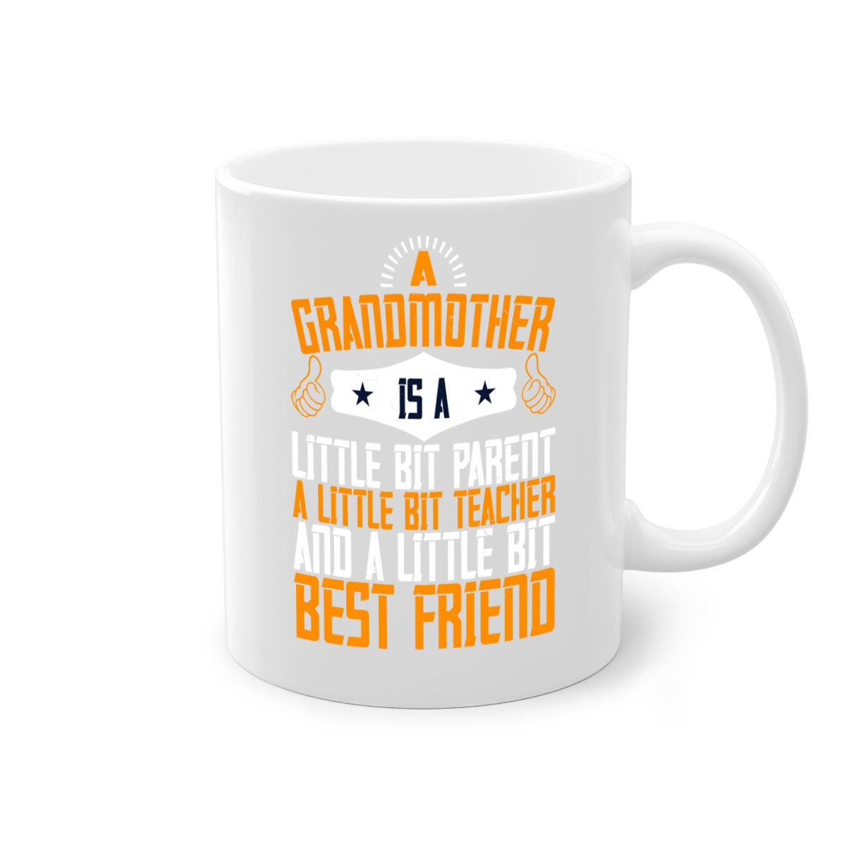 A two-tone ceramic mug with a glossy finish, featuring a colored handle and interior, showcasing the phrase about grandmothers.