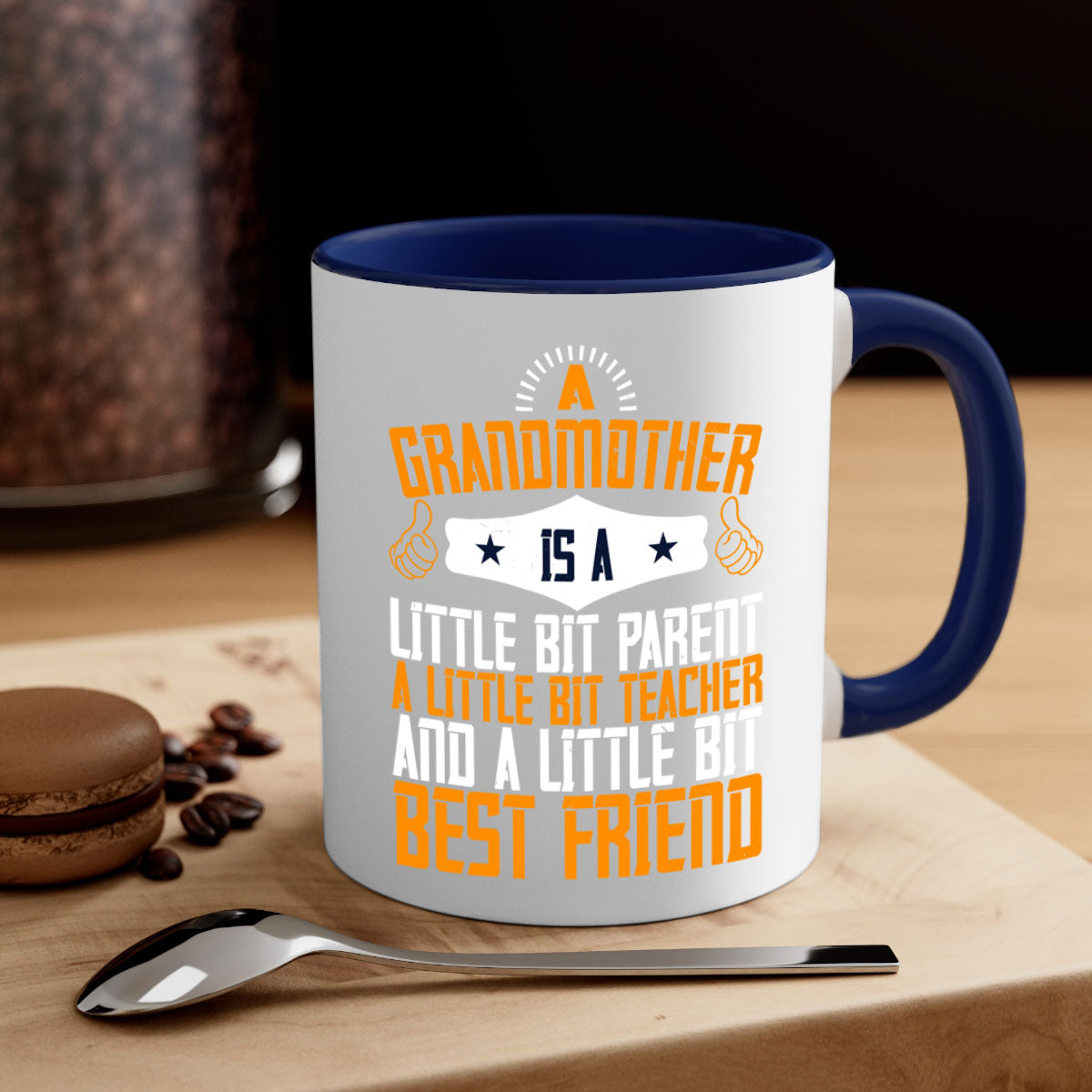 A two-tone ceramic mug with a glossy finish, featuring a colored handle and interior, showcasing the phrase about grandmothers.