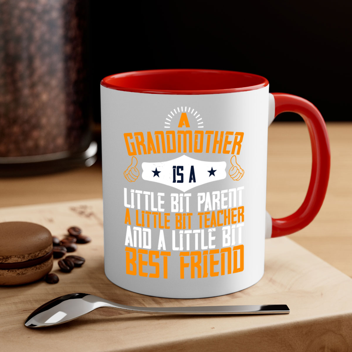 A two-tone ceramic mug with a glossy finish, featuring a colored handle and interior, showcasing the phrase about grandmothers.