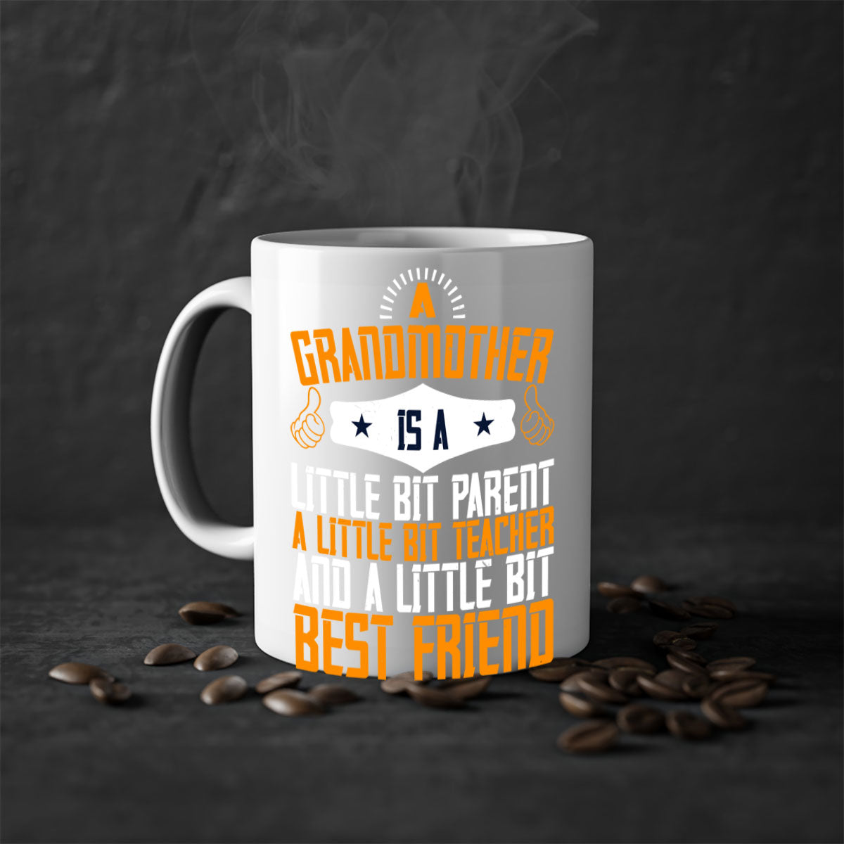 A two-tone ceramic mug with a glossy finish, featuring a colored handle and interior, showcasing the phrase about grandmothers.