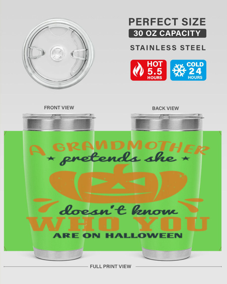 A stylish grandmother pretends 162# Halloween Tumbler made of stainless steel, featuring a double wall vacuum design and a drink-thru lid.