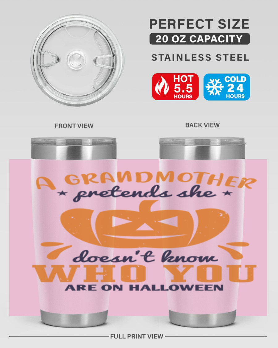 A stylish grandmother pretends 162# Halloween Tumbler made of stainless steel, featuring a double wall vacuum design and a drink-thru lid.