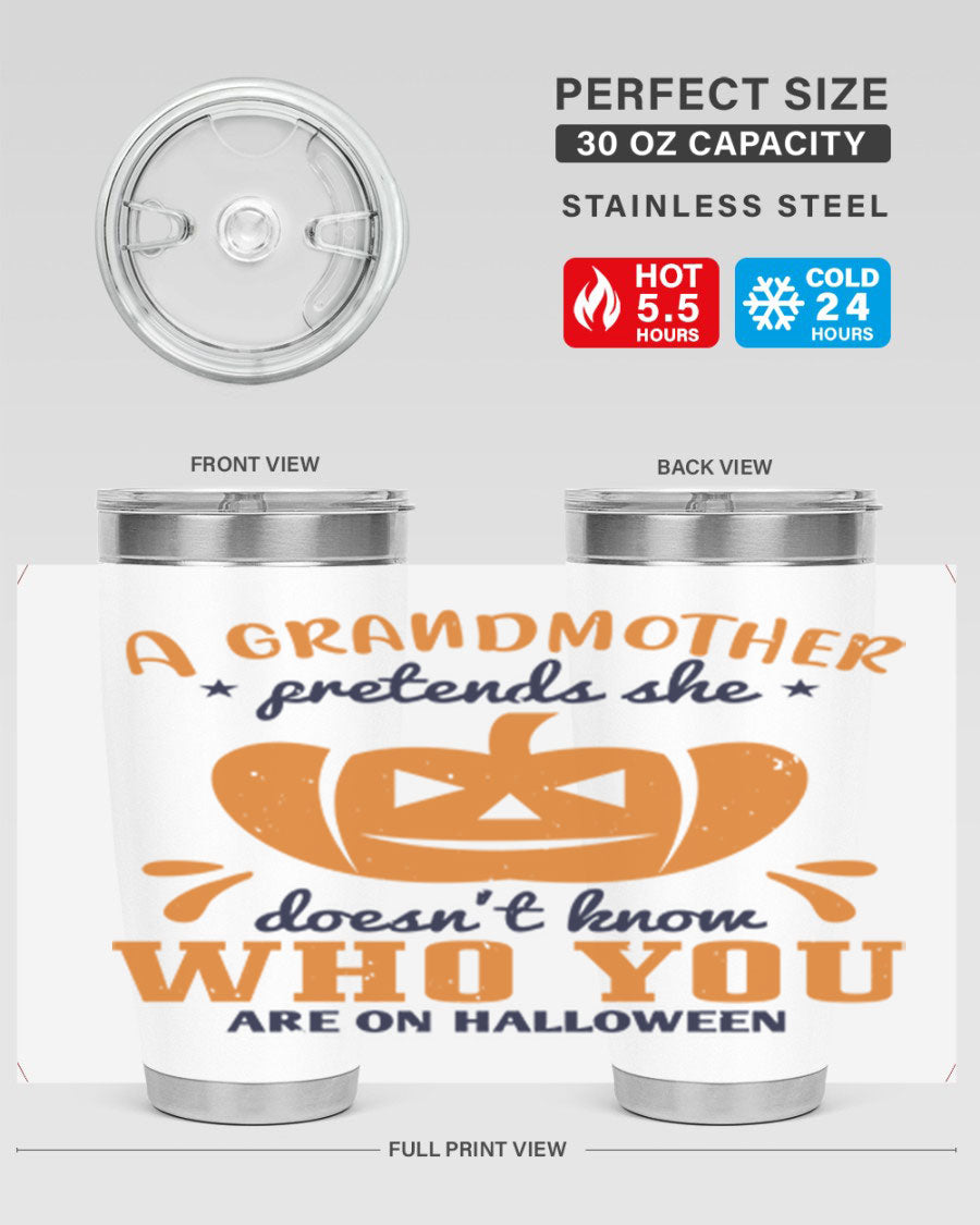 A stylish grandmother pretends 162# Halloween Tumbler made of stainless steel, featuring a double wall vacuum design and a drink-thru lid.