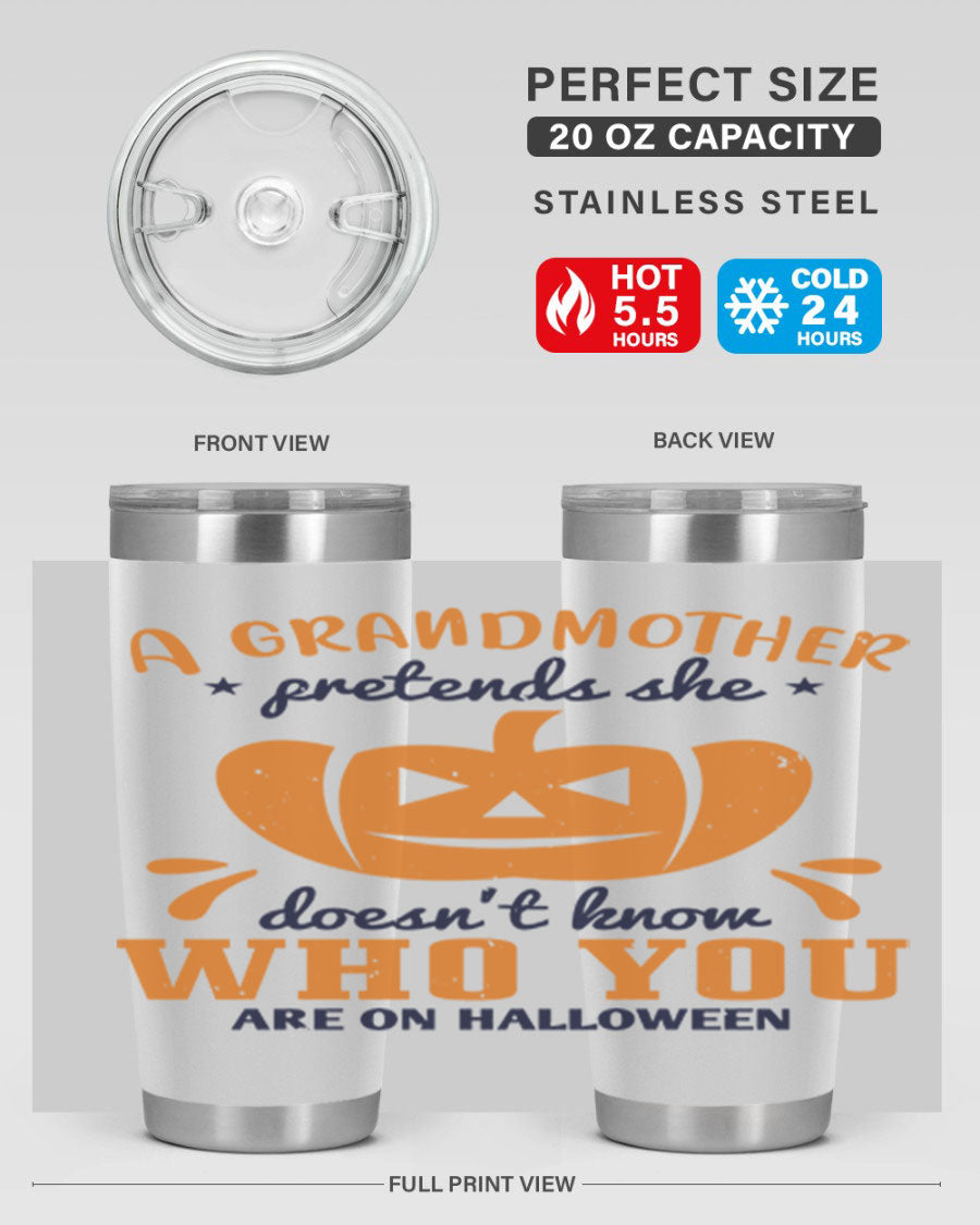 A stylish grandmother pretends 162# Halloween Tumbler made of stainless steel, featuring a double wall vacuum design and a drink-thru lid.