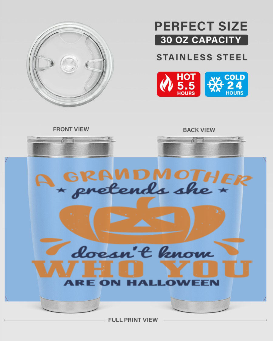 A stylish grandmother pretends 162# Halloween Tumbler made of stainless steel, featuring a double wall vacuum design and a drink-thru lid.