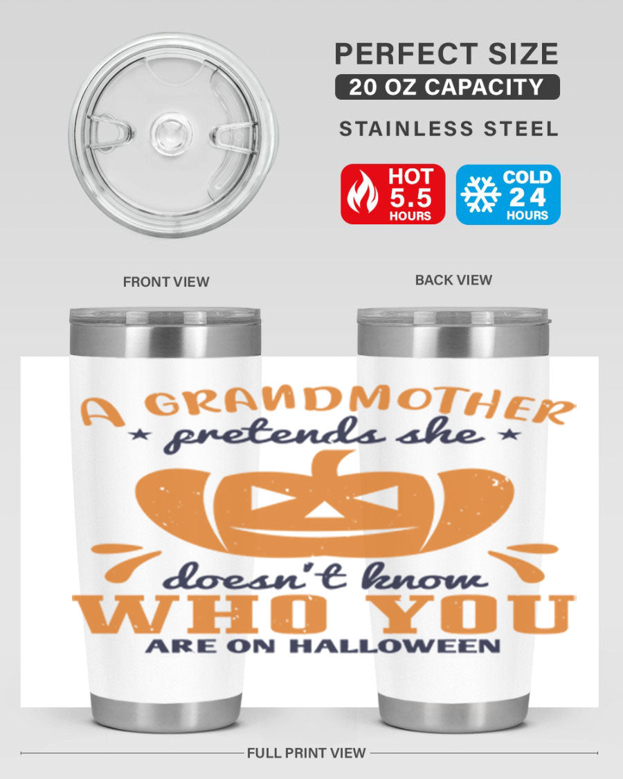 A stylish grandmother pretends 162# Halloween Tumbler made of stainless steel, featuring a double wall vacuum design and a drink-thru lid.