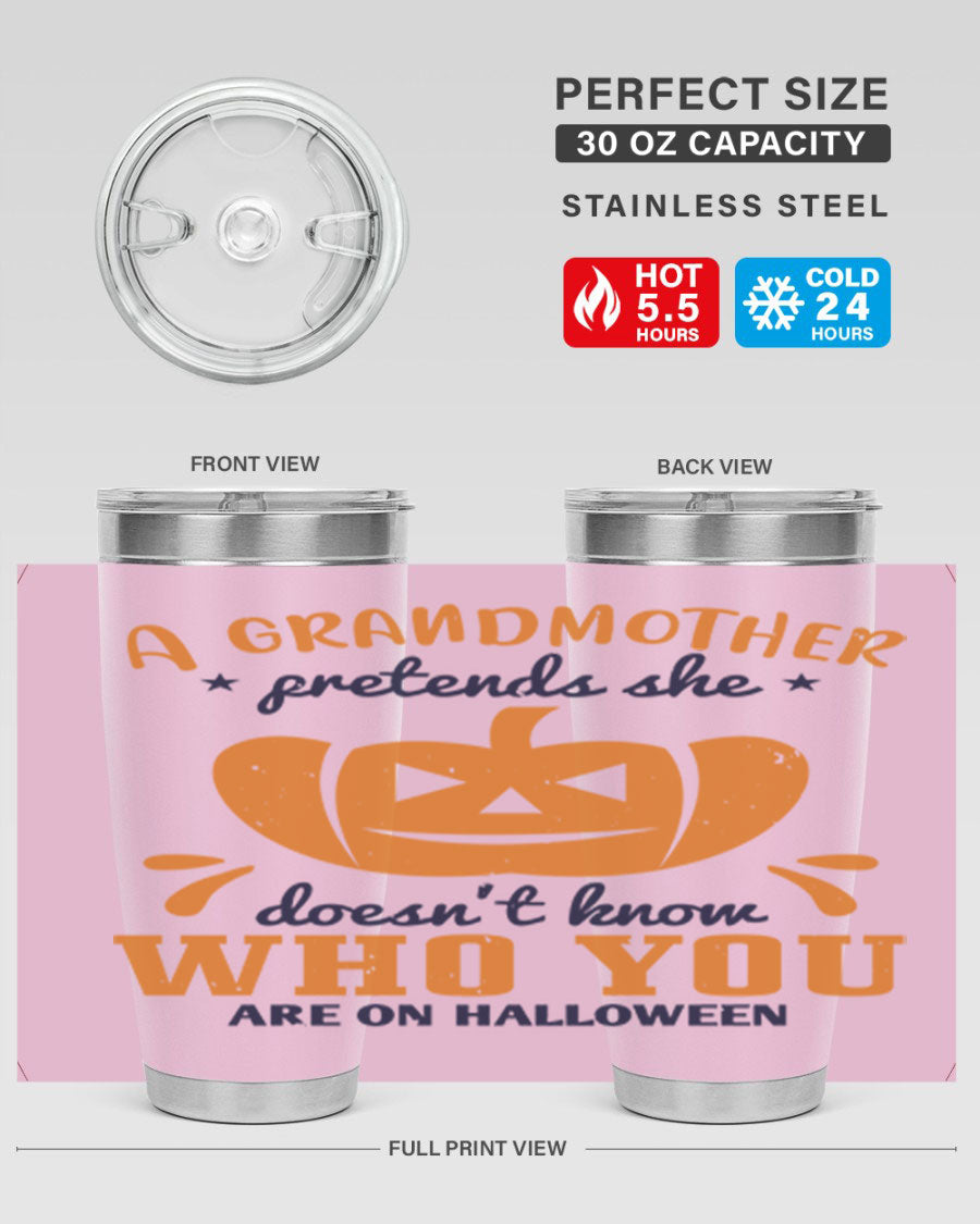 A stylish grandmother pretends 162# Halloween Tumbler made of stainless steel, featuring a double wall vacuum design and a drink-thru lid.