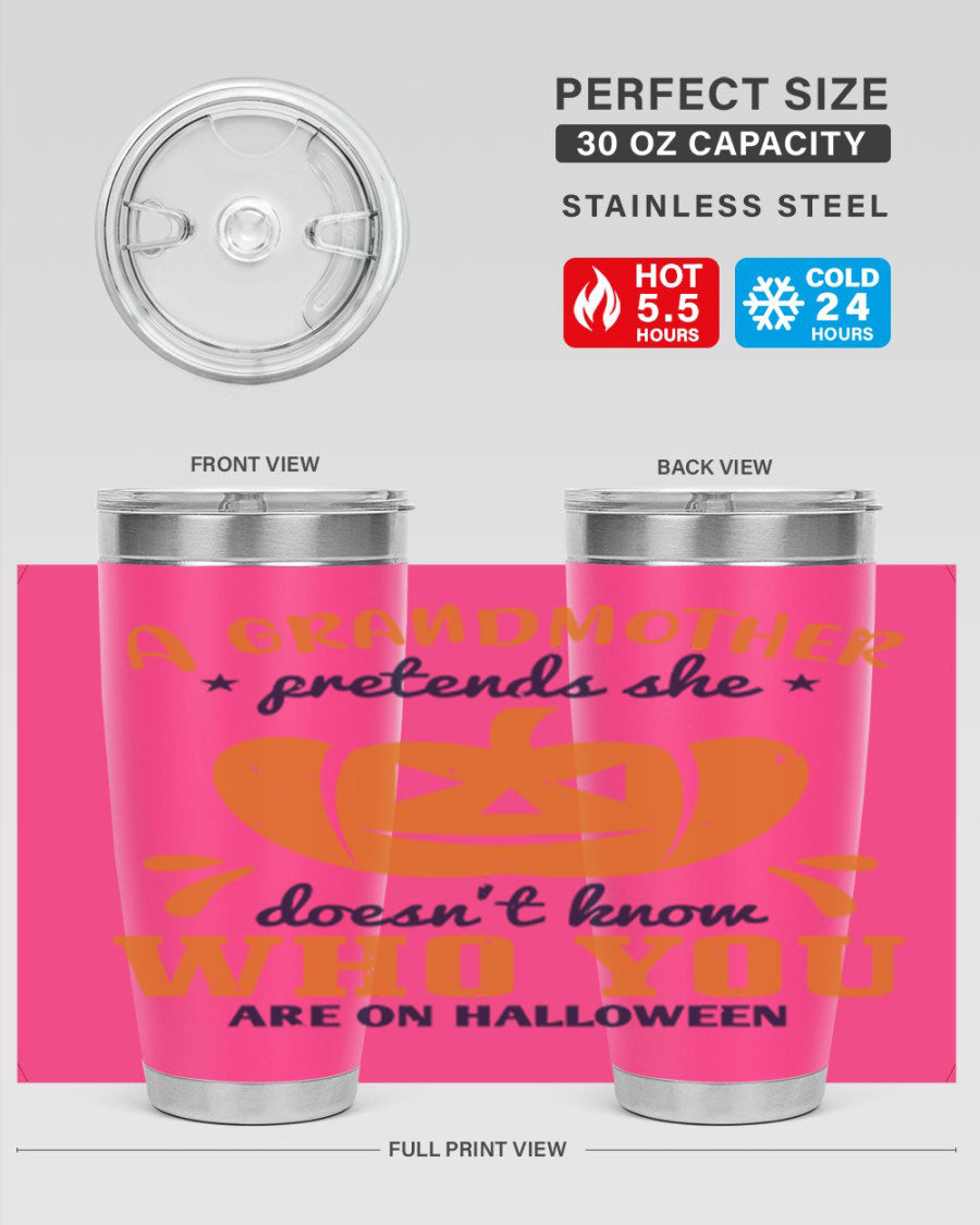 A stylish grandmother pretends 162# Halloween Tumbler made of stainless steel, featuring a double wall vacuum design and a drink-thru lid.