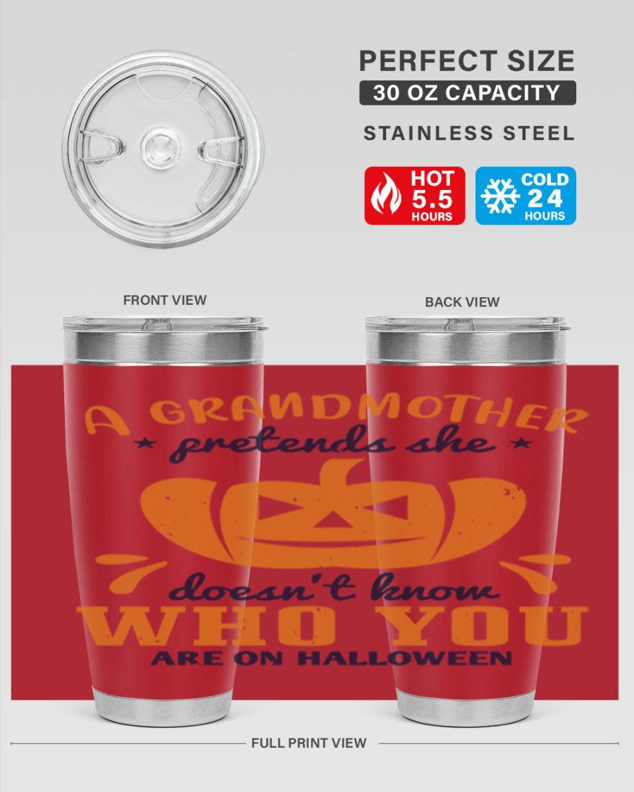 A stylish grandmother pretends 162# Halloween Tumbler made of stainless steel, featuring a double wall vacuum design and a drink-thru lid.