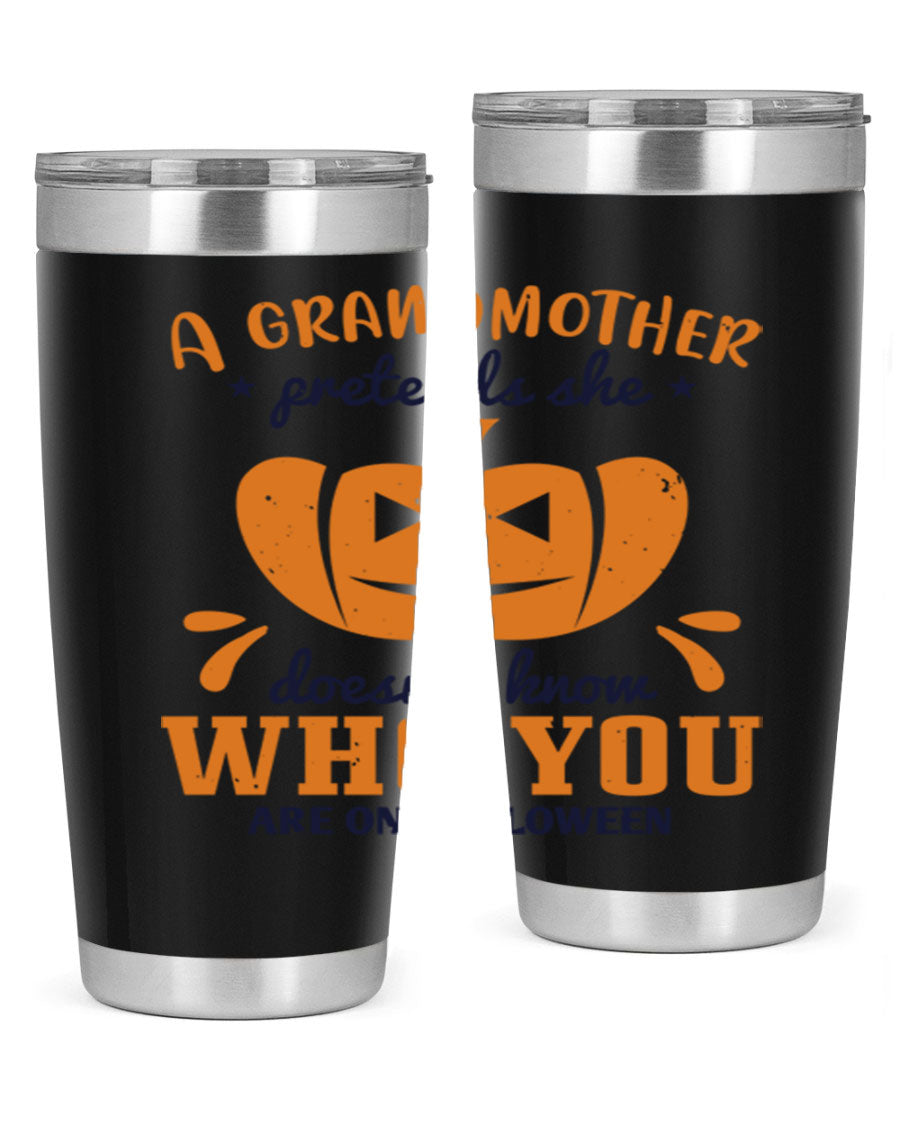 A stylish grandmother pretends 162# Halloween Tumbler made of stainless steel, featuring a double wall vacuum design and a drink-thru lid.