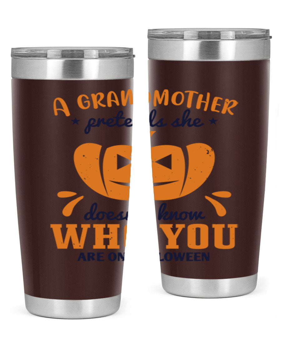 A stylish grandmother pretends 162# Halloween Tumbler made of stainless steel, featuring a double wall vacuum design and a drink-thru lid.