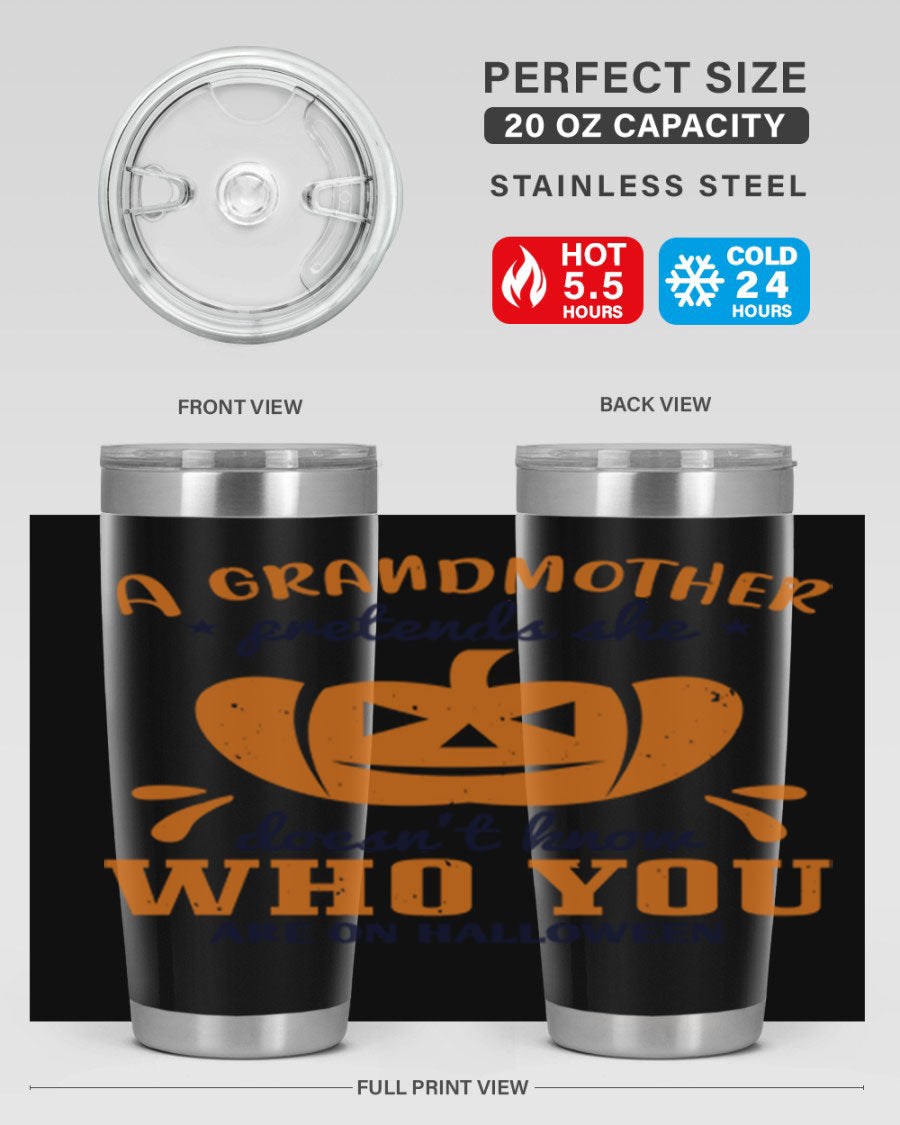 A stylish grandmother pretends 162# Halloween Tumbler made of stainless steel, featuring a double wall vacuum design and a drink-thru lid.