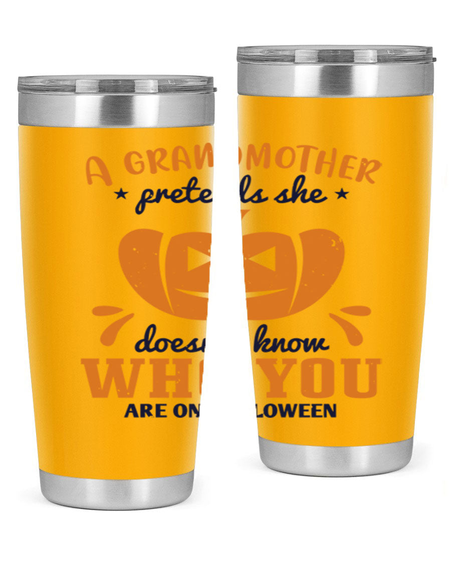 A stylish grandmother pretends 162# Halloween Tumbler made of stainless steel, featuring a double wall vacuum design and a drink-thru lid.