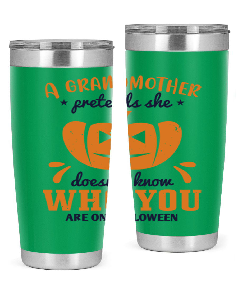 A stylish grandmother pretends 162# Halloween Tumbler made of stainless steel, featuring a double wall vacuum design and a drink-thru lid.