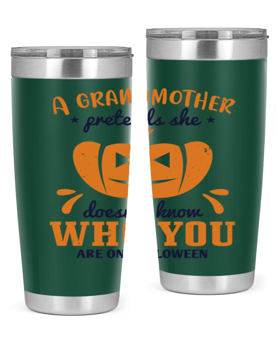 A stylish grandmother pretends 162# Halloween Tumbler made of stainless steel, featuring a double wall vacuum design and a drink-thru lid.