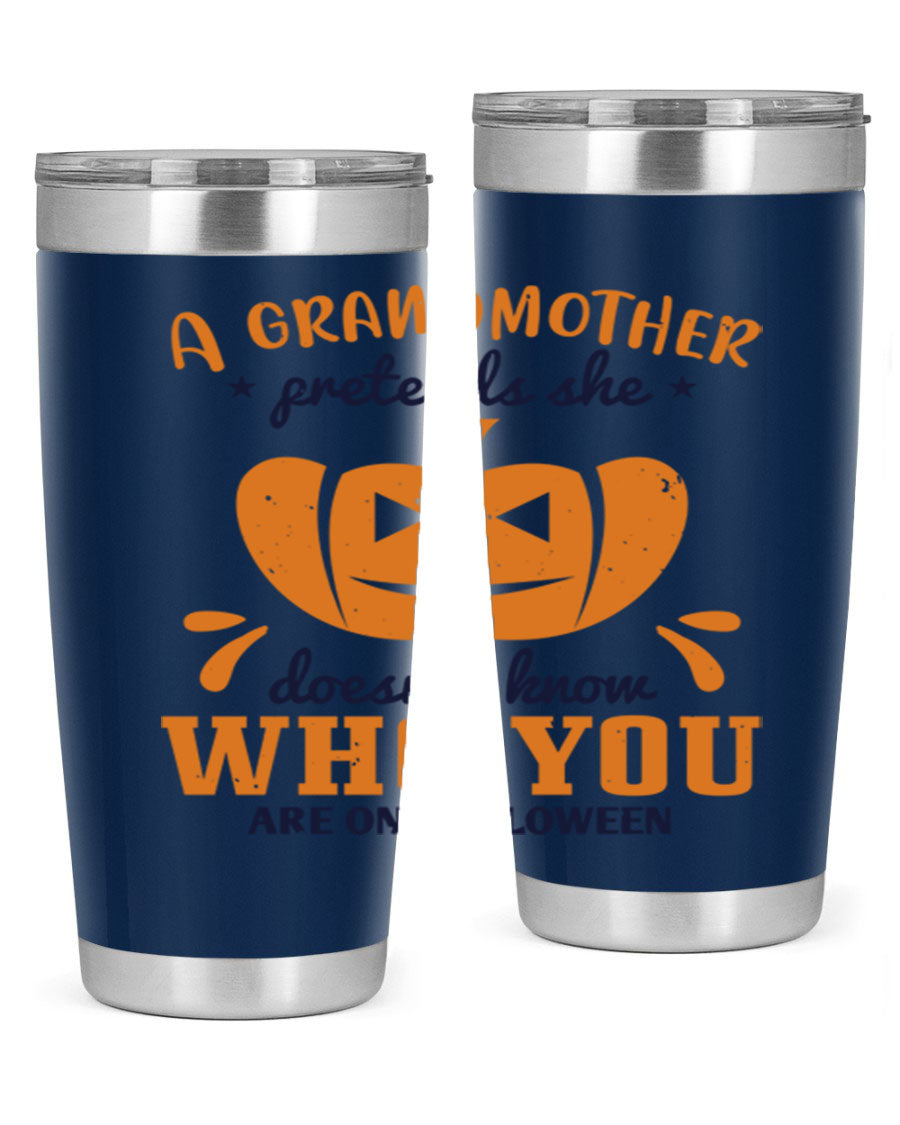 A stylish grandmother pretends 162# Halloween Tumbler made of stainless steel, featuring a double wall vacuum design and a drink-thru lid.