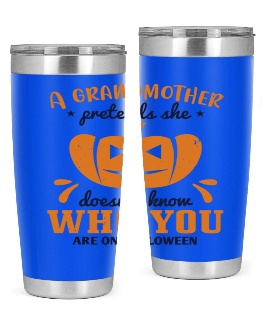 A stylish grandmother pretends 162# Halloween Tumbler made of stainless steel, featuring a double wall vacuum design and a drink-thru lid.