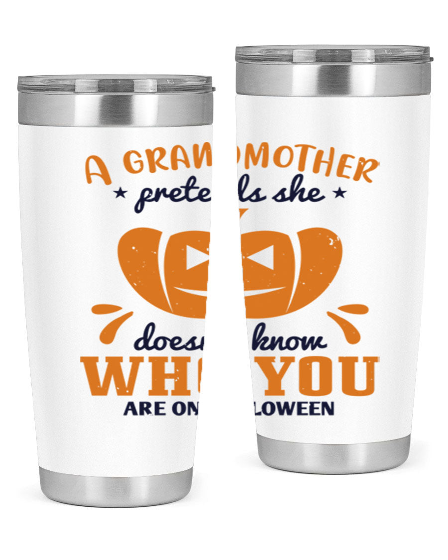 A stylish grandmother pretends 162# Halloween Tumbler made of stainless steel, featuring a double wall vacuum design and a drink-thru lid.