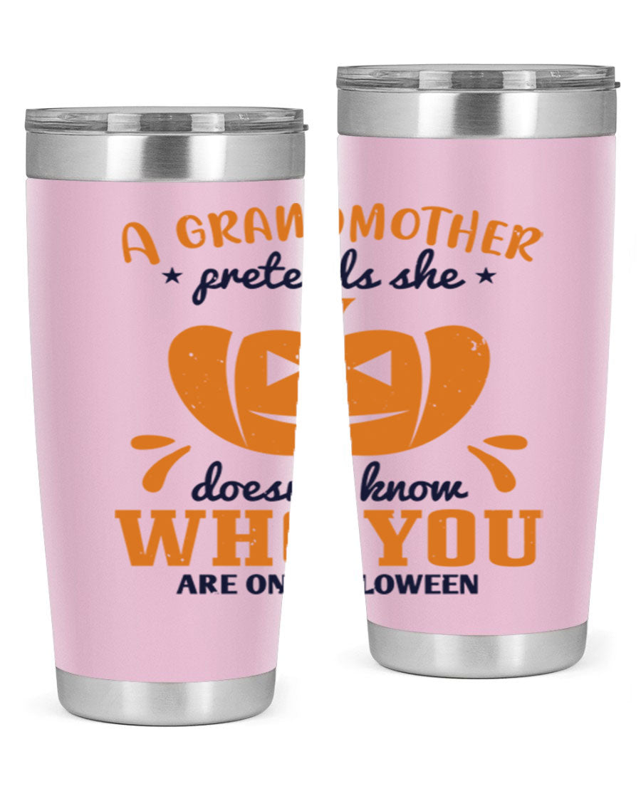 A stylish grandmother pretends 162# Halloween Tumbler made of stainless steel, featuring a double wall vacuum design and a drink-thru lid.