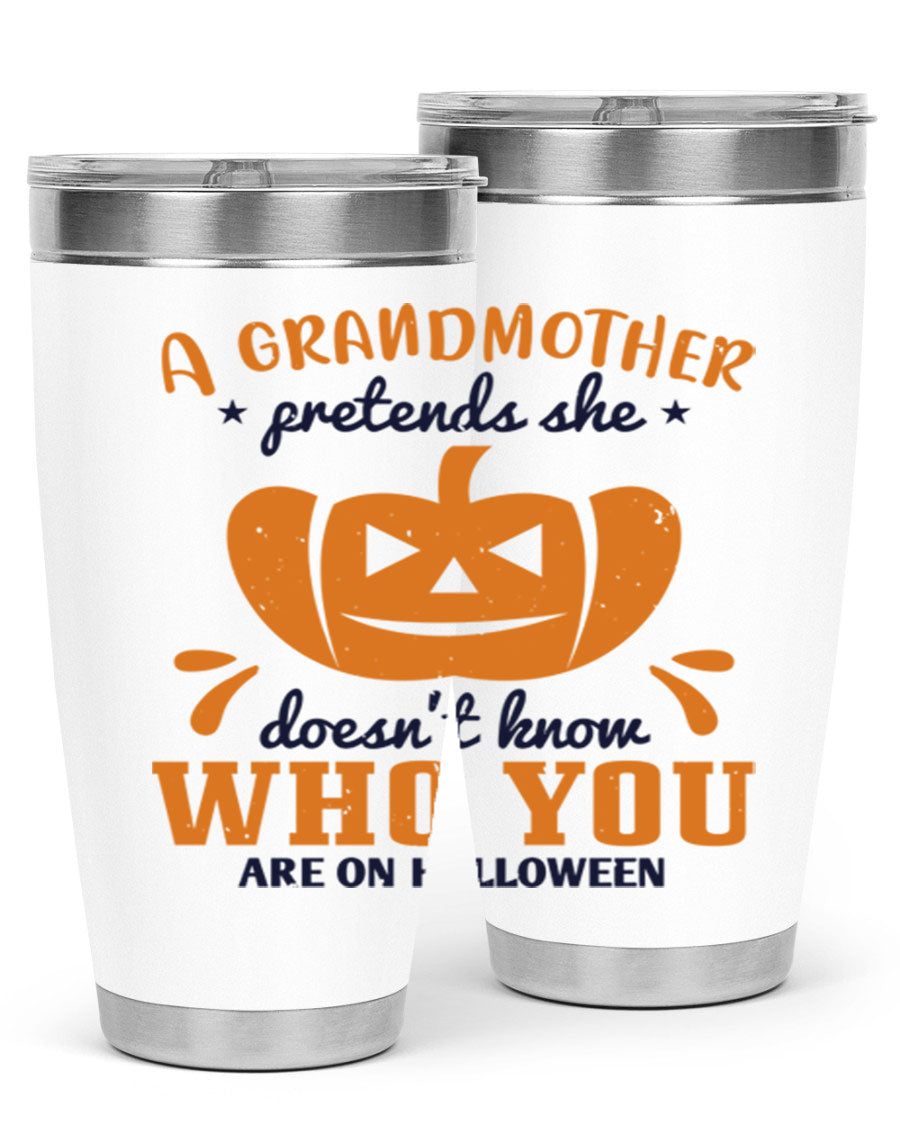 A stylish grandmother pretends 162# Halloween Tumbler made of stainless steel, featuring a double wall vacuum design and a drink-thru lid.