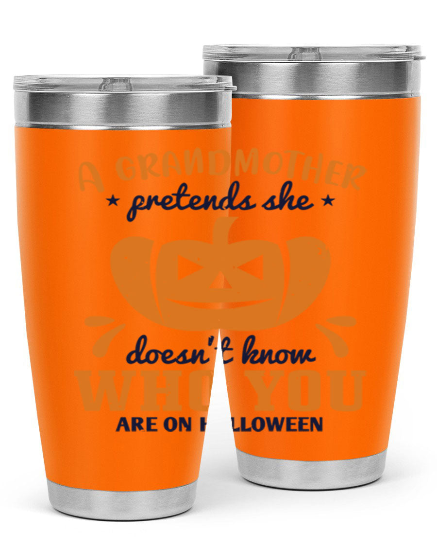 A stylish grandmother pretends 162# Halloween Tumbler made of stainless steel, featuring a double wall vacuum design and a drink-thru lid.