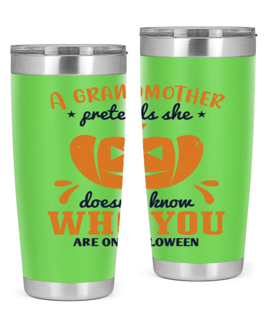 A stylish grandmother pretends 162# Halloween Tumbler made of stainless steel, featuring a double wall vacuum design and a drink-thru lid.