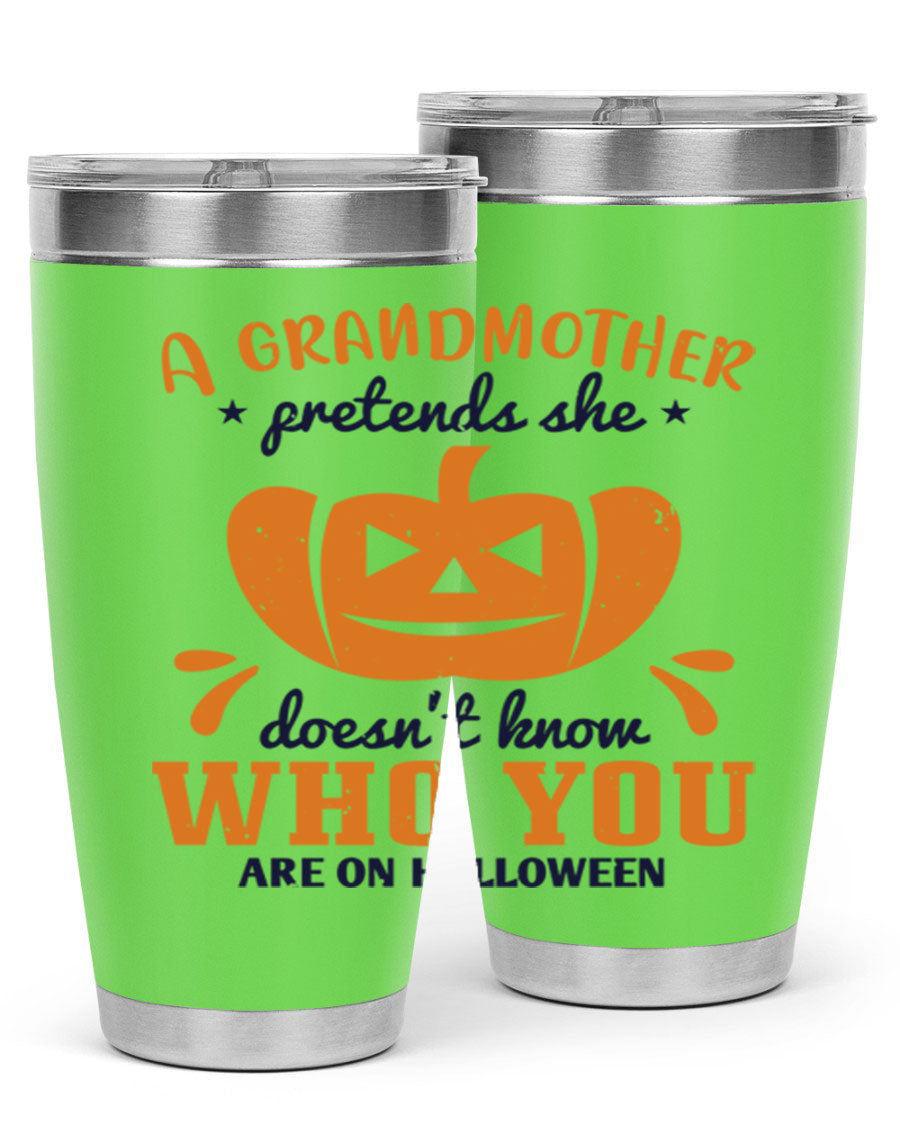 A stylish grandmother pretends 162# Halloween Tumbler made of stainless steel, featuring a double wall vacuum design and a drink-thru lid.