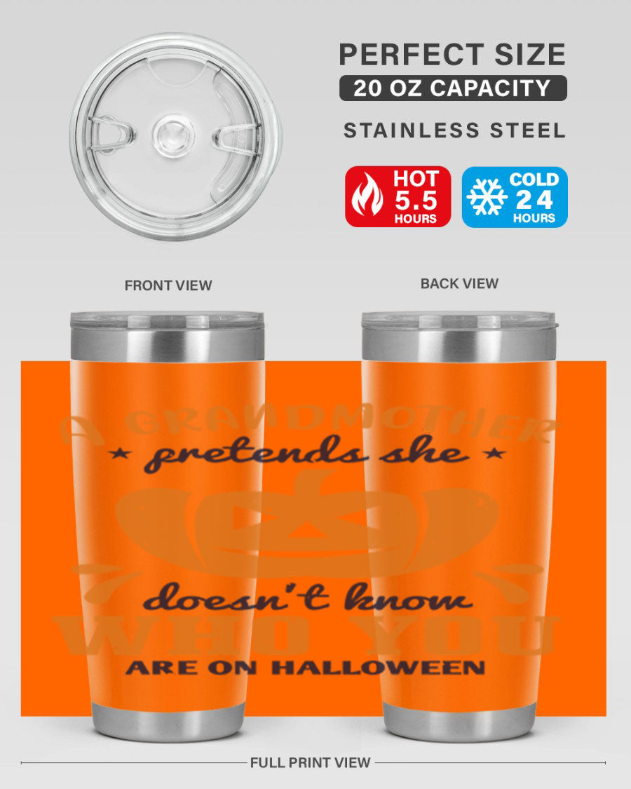 A stylish grandmother pretends 162# Halloween Tumbler made of stainless steel, featuring a double wall vacuum design and a drink-thru lid.