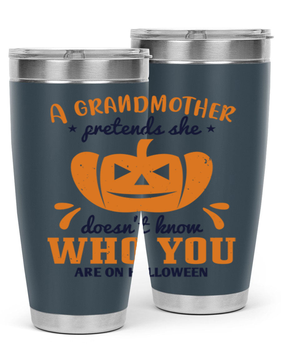 A stylish grandmother pretends 162# Halloween Tumbler made of stainless steel, featuring a double wall vacuum design and a drink-thru lid.