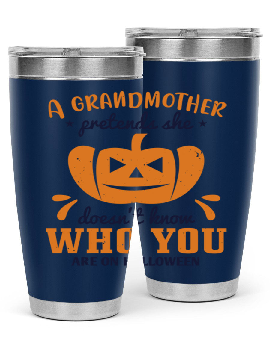 A stylish grandmother pretends 162# Halloween Tumbler made of stainless steel, featuring a double wall vacuum design and a drink-thru lid.