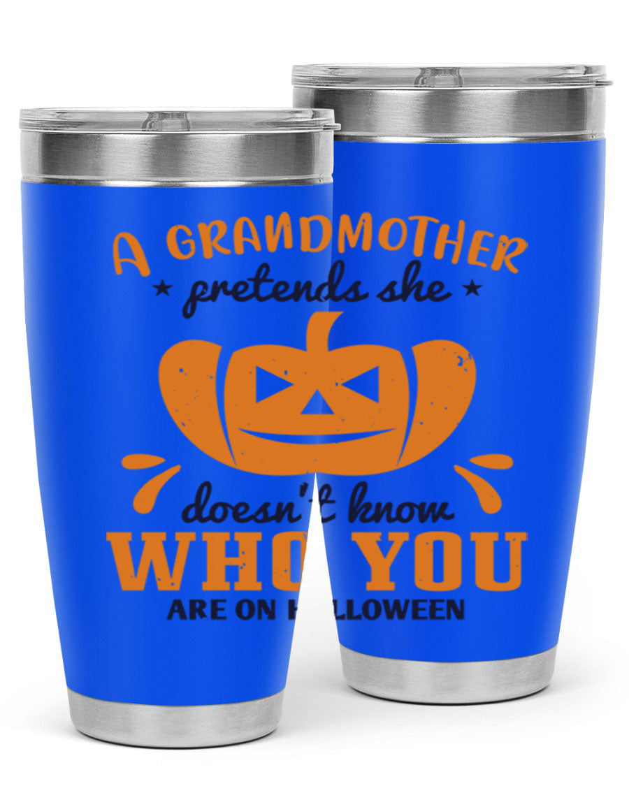 A stylish grandmother pretends 162# Halloween Tumbler made of stainless steel, featuring a double wall vacuum design and a drink-thru lid.