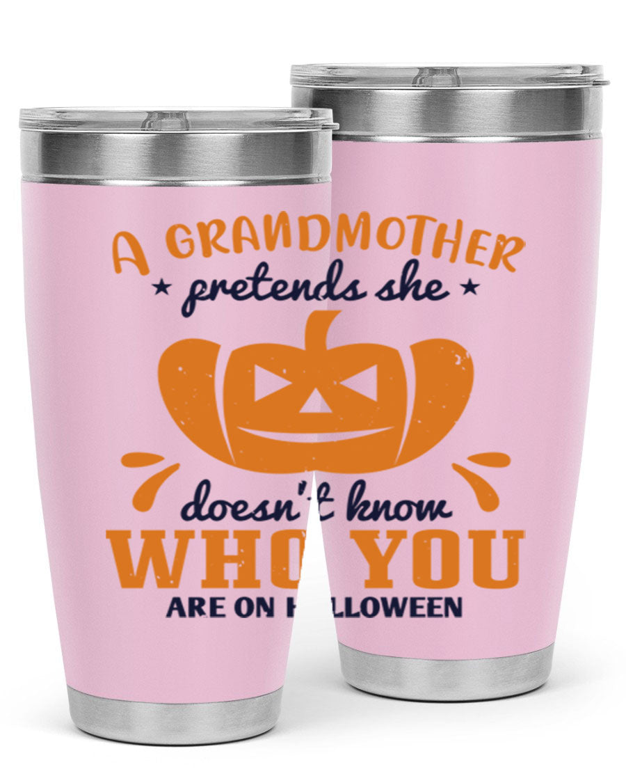 A stylish grandmother pretends 162# Halloween Tumbler made of stainless steel, featuring a double wall vacuum design and a drink-thru lid.