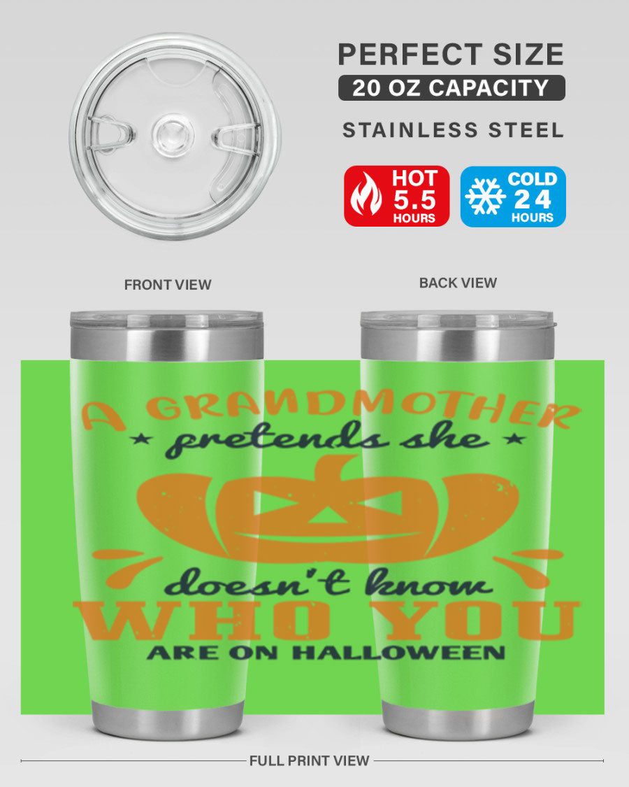 A stylish grandmother pretends 162# Halloween Tumbler made of stainless steel, featuring a double wall vacuum design and a drink-thru lid.