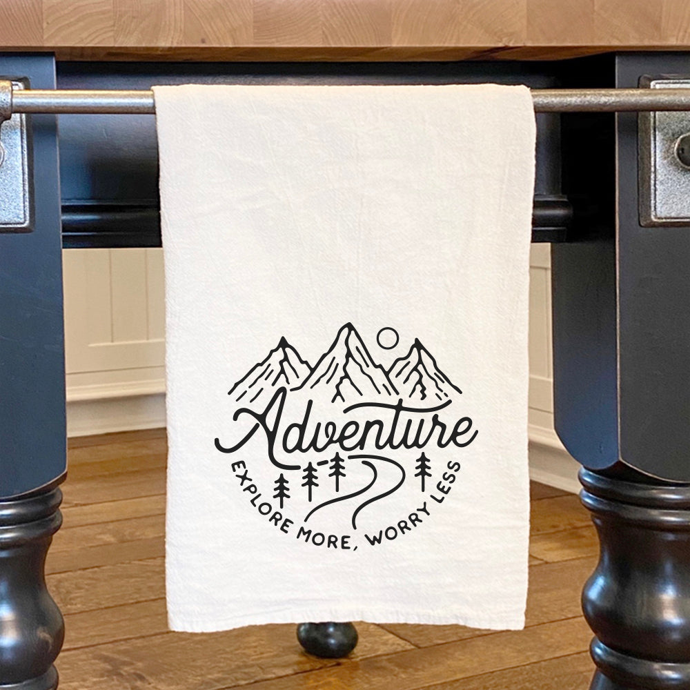 Adventure-Explore More Cotton Tea Towel featuring vibrant design and absorbent fabric, perfect for kitchen use.