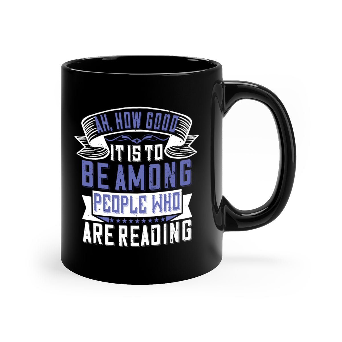 A stylish two-tone ceramic mug with a colored handle and interior, featuring the phrase 'ah how good it is to be among people who are reading 77#'.