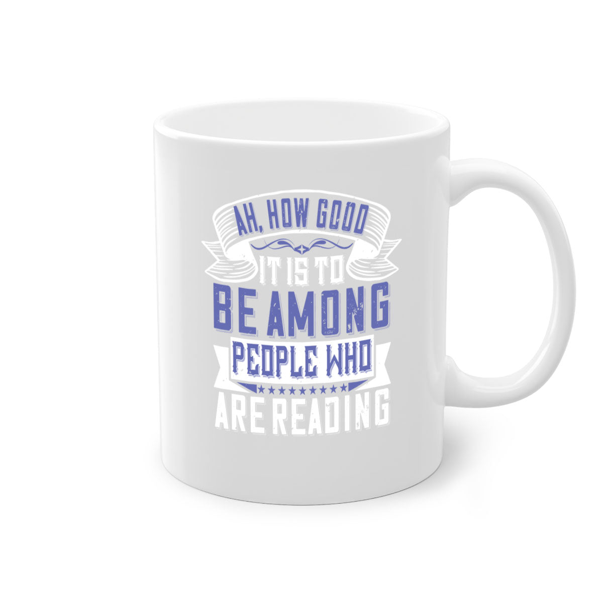 A stylish two-tone ceramic mug with a colored handle and interior, featuring the phrase 'ah how good it is to be among people who are reading 77#'.