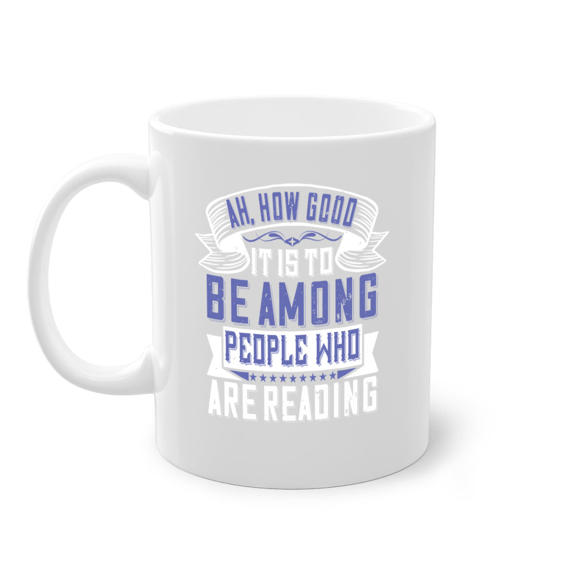 A stylish two-tone ceramic mug with a colored handle and interior, featuring the phrase 'ah how good it is to be among people who are reading 77#'.