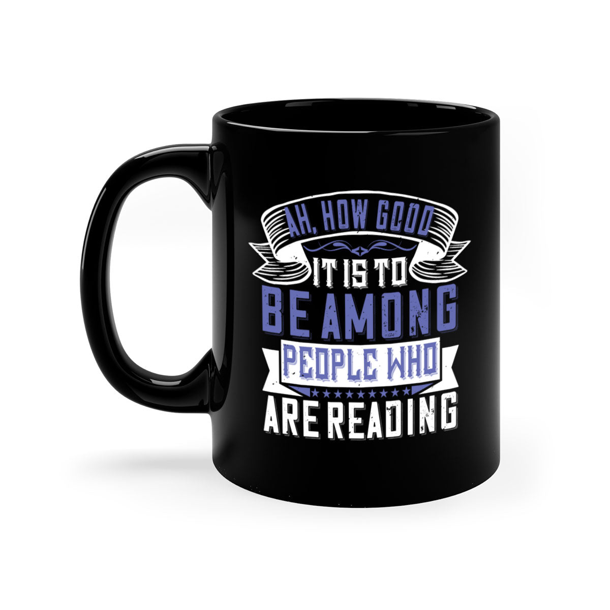 A stylish two-tone ceramic mug with a colored handle and interior, featuring the phrase 'ah how good it is to be among people who are reading 77#'.