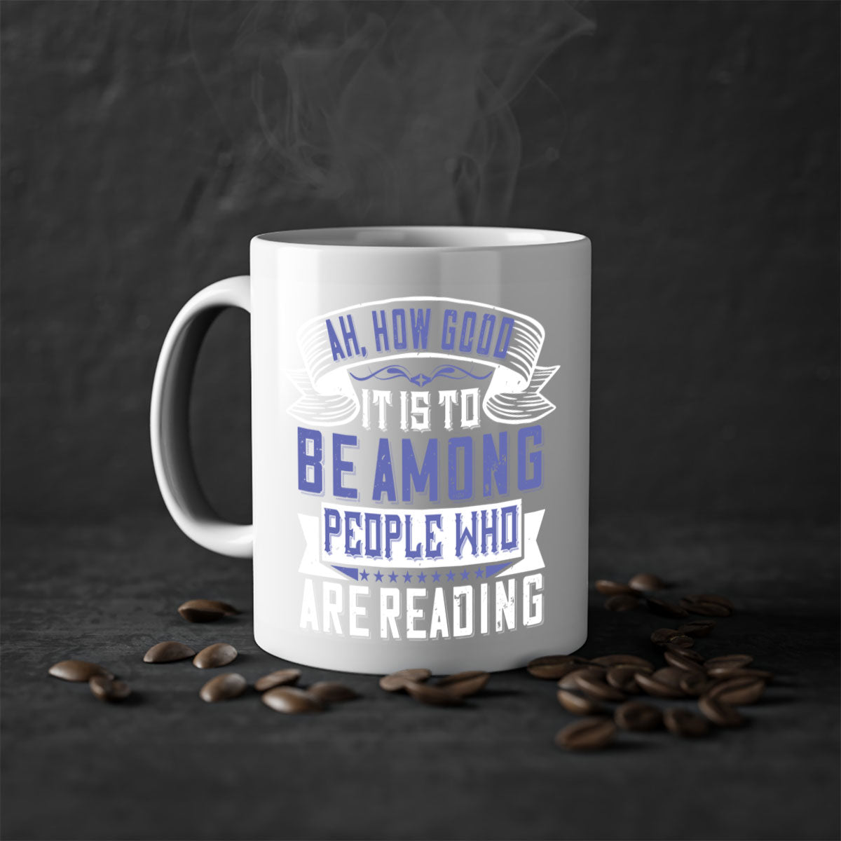 A stylish two-tone ceramic mug with a colored handle and interior, featuring the phrase 'ah how good it is to be among people who are reading 77#'.