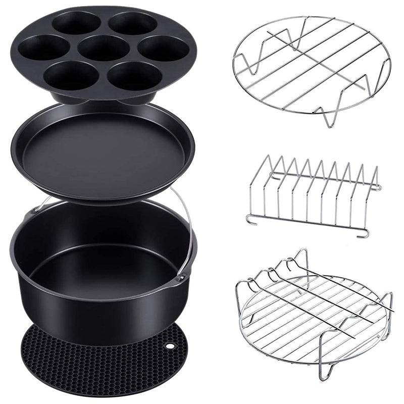 7-piece silicone grill accessories set for air fryers, including cake pan, pizza pan, silicone mat, and grill, designed for healthy cooking.