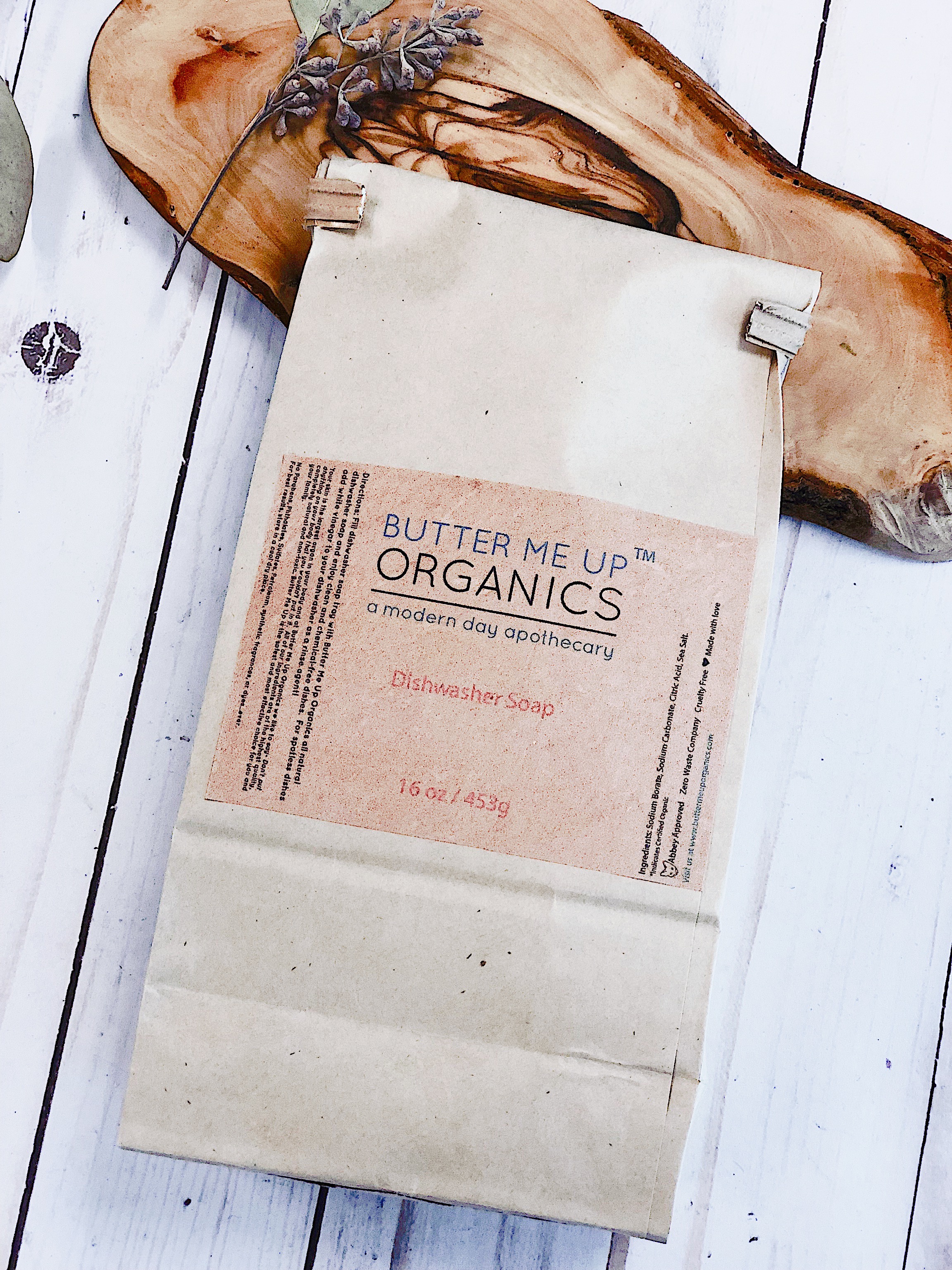 A 1lb bag of All Natural Dishwasher Soap with a clean and eco-friendly design, showcasing its organic ingredients and cruelty-free label.