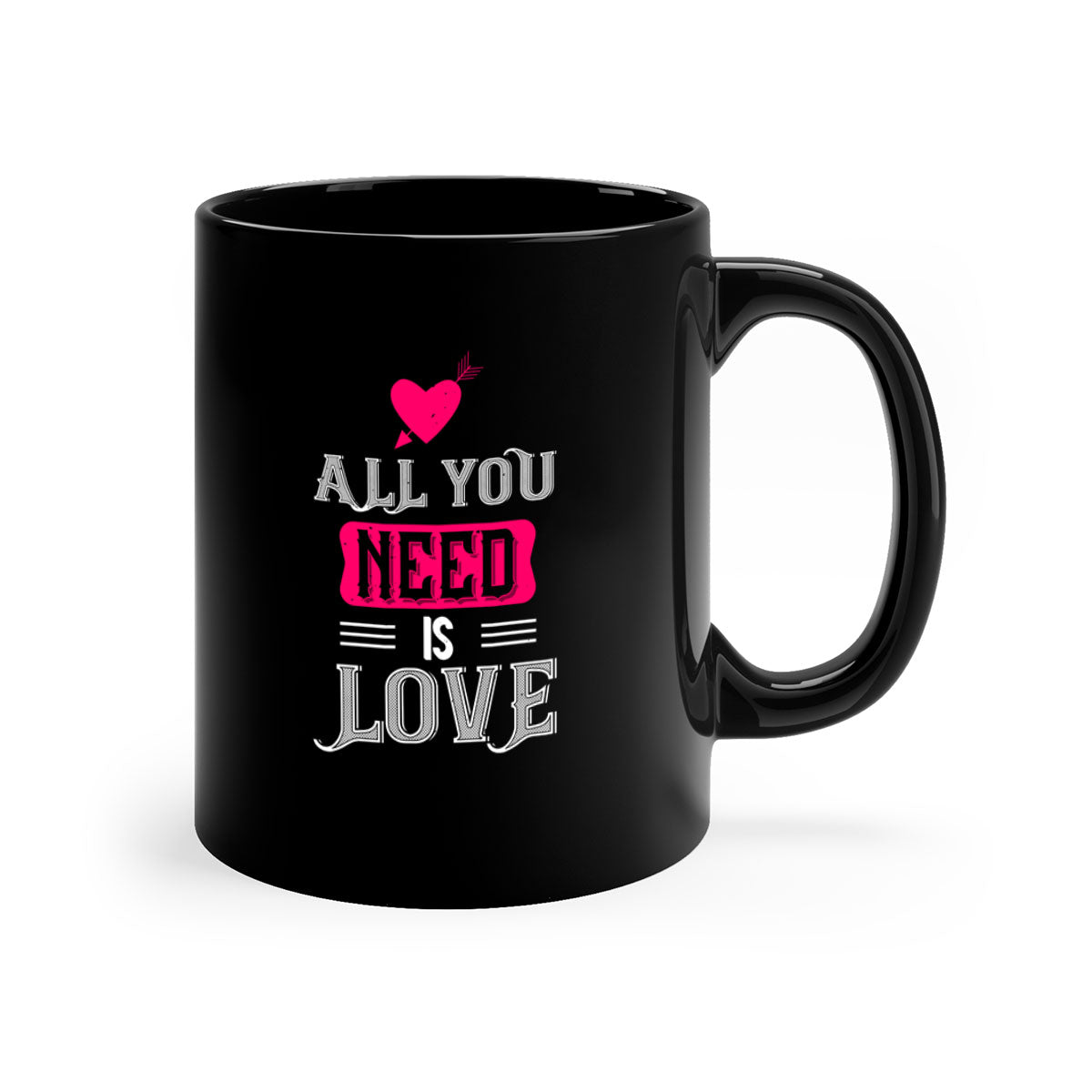 A stylish two-tone 'All You Need Is Love' mug with a glossy finish, featuring a colored handle and interior, perfect for coffee or tea.