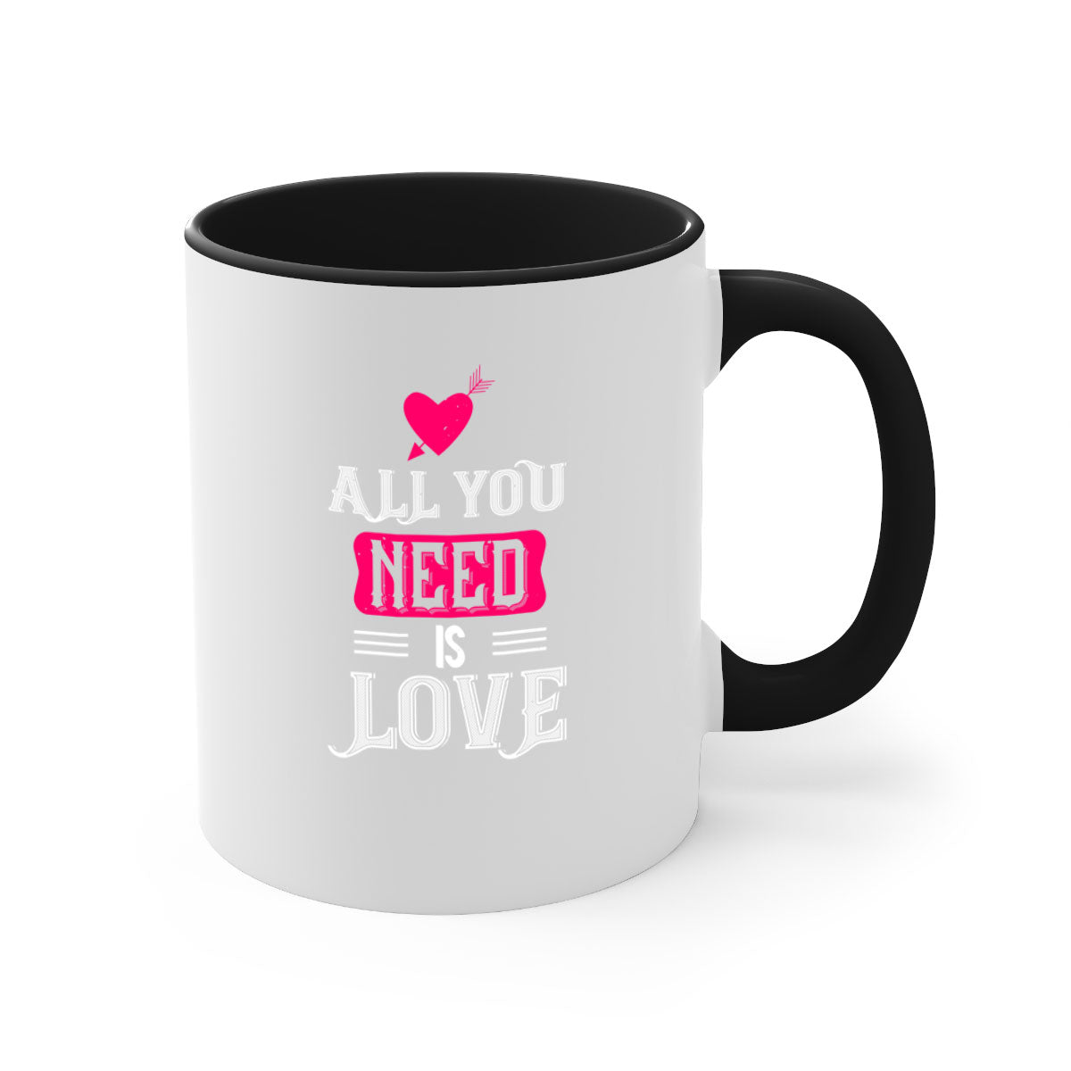 A stylish two-tone 'All You Need Is Love' mug with a glossy finish, featuring a colored handle and interior, perfect for coffee or tea.