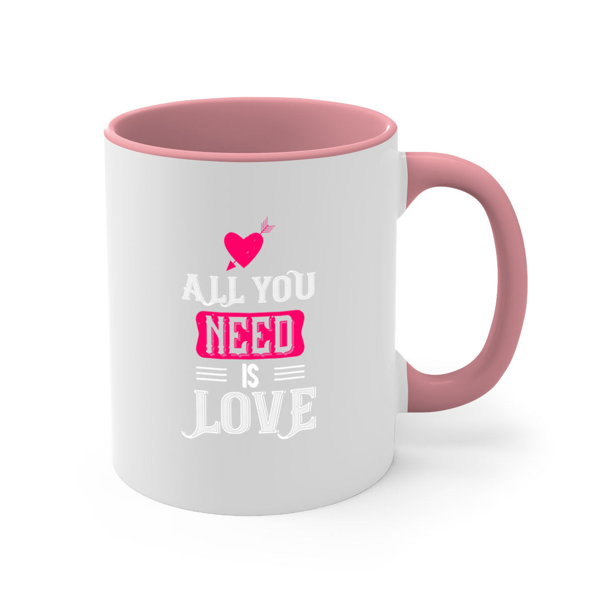 A stylish two-tone 'All You Need Is Love' mug with a glossy finish, featuring a colored handle and interior, perfect for coffee or tea.